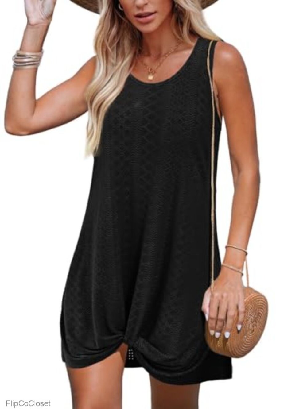 Eyelet Twisted Tank Swim Coverup Sleeveless Beach Dress